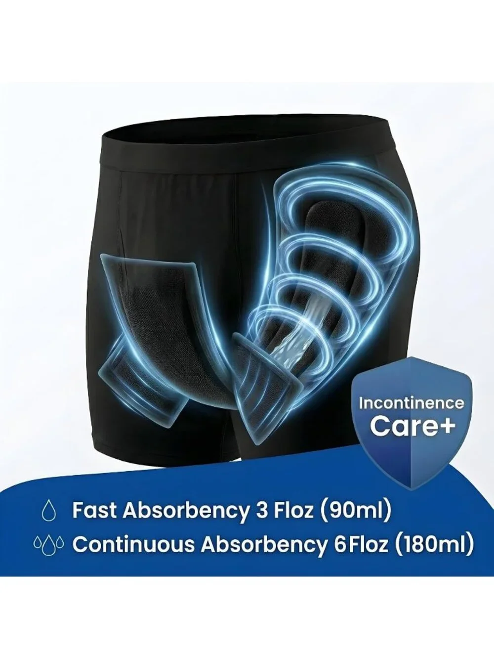 Men's Reusable Incontinence Boxer Briefs, Leak Proof Protection, Black, XL, 1pc